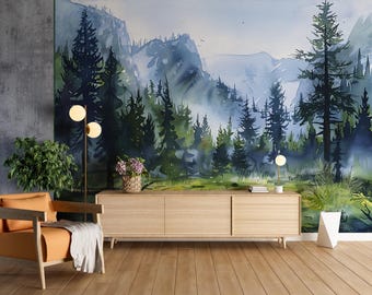 Watercolor Mountain Forest Wallpaper Mural: Peel and Stick National Park Decal