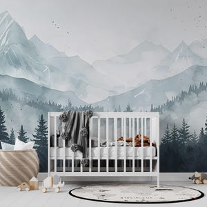 Aquarell Berg Wandbild: Schälen und aufkleben Kiefernwald Tapete