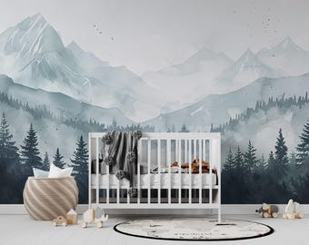 Watercolor Mountain Mural: Peel and Stick Pine Forest Wallpaper