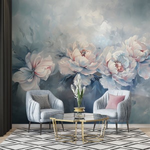 Murale floreale blu astratto, carta da parati peonie acquerello, arte botanica staccare e incollare, decalcomania da muro astratta peonia blu, fiori rimovibili