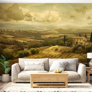 Rustic Scenic Wallpaper, Peel and Stick Italian Vineyard Mural, Vineyards Landscape Vintage Wall Decor