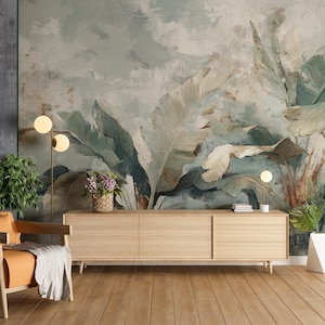 Tropical Banana Leaf Wall Mural: Muted Green Jungle Decor