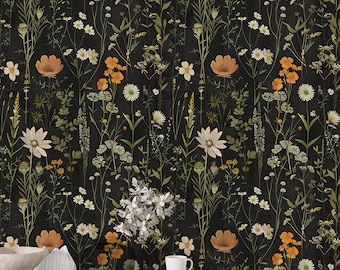 Dark Meadow Flowers Wallpaper: Botanical Peel and Stick Decal