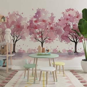 Mural de árboles rosados para guardería, papel tapiz de tres árboles en acuarela, calcomanía de pared para niños extraíble de tamaño personalizado para pelar y pegar, sin PVC