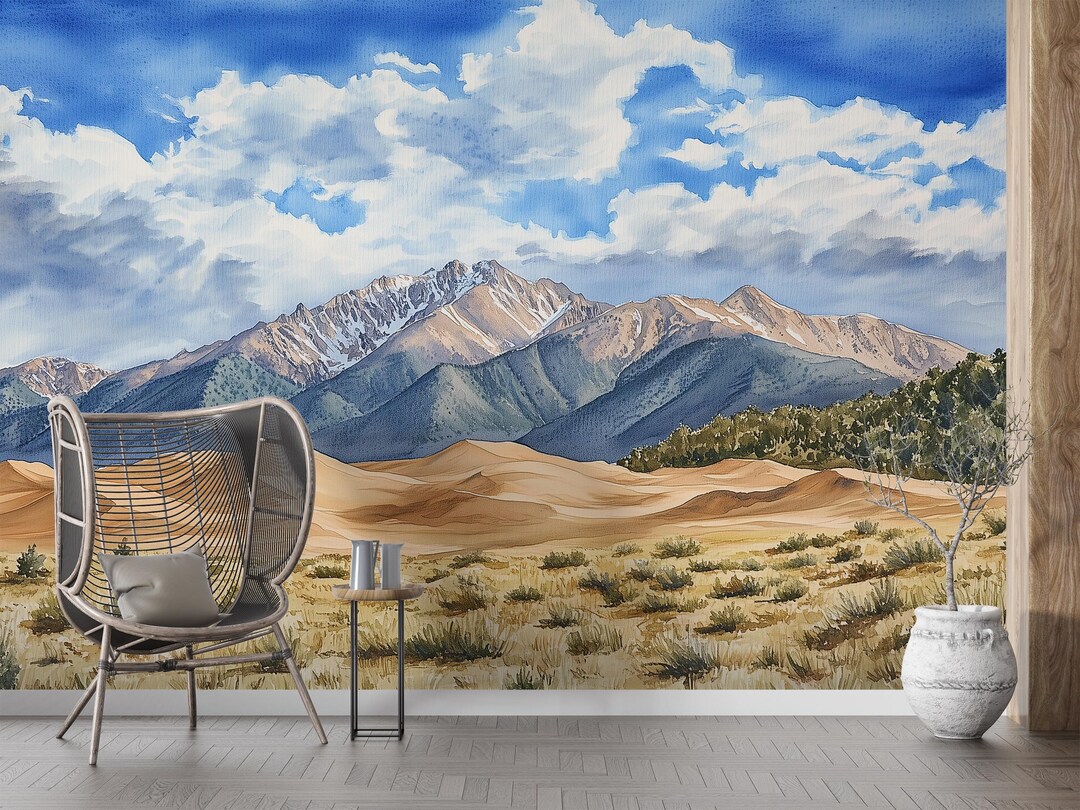 Colorado Sand Dunes Mural: Watercolor Mountain Landscape Peel and Stick ...
