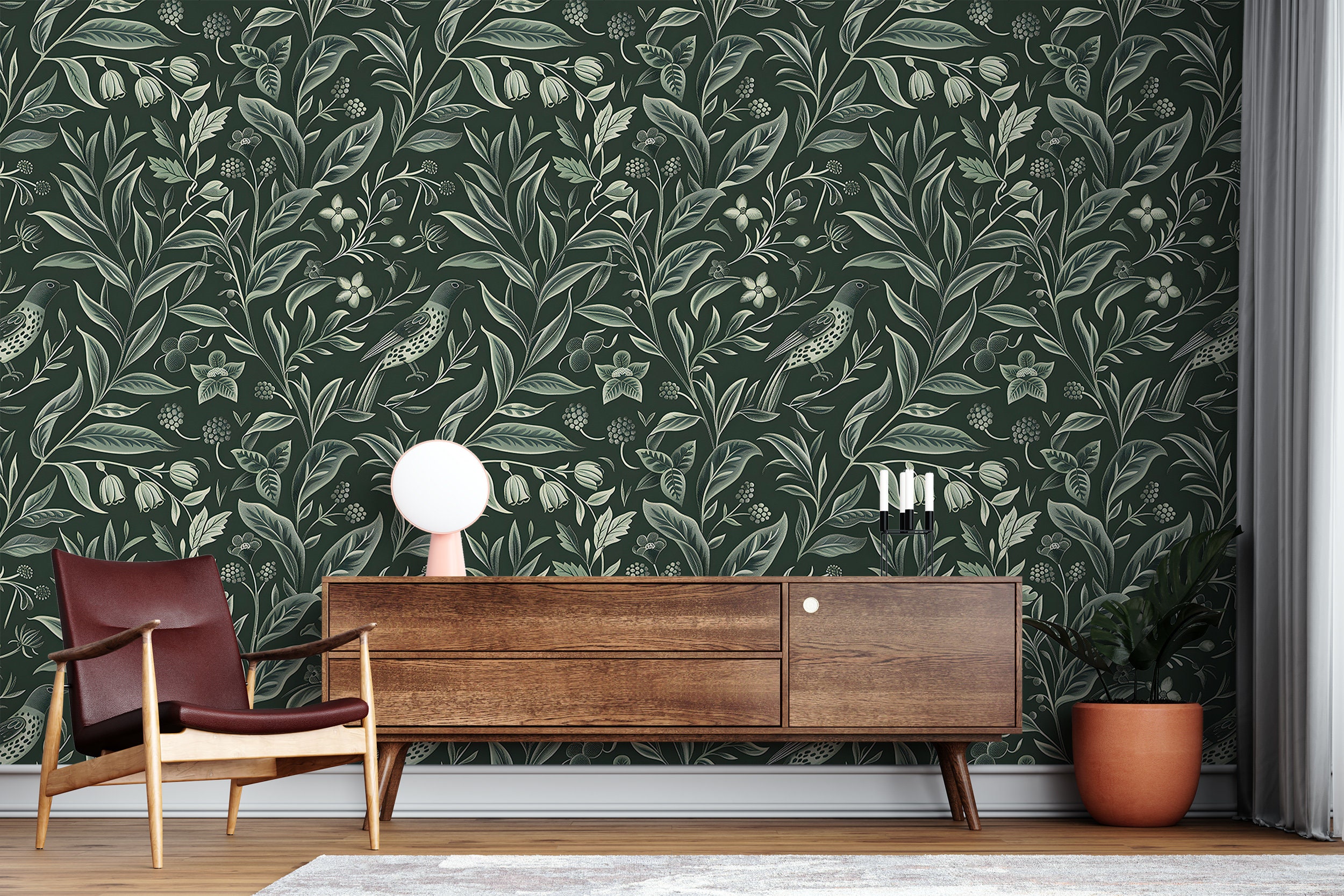 Vintage Green Floral Wallpaper, Dark Green Botanical Classic Wall Decal ...
