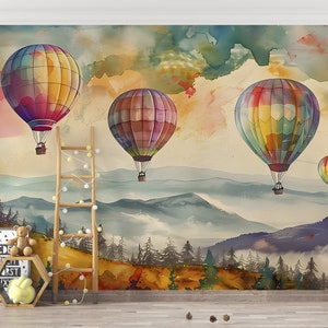 Colorful Hot Air Balloons Mural, Peel and Stick Watercolor Landscape, Nursery Multicolor Wall Decal, Mountains and Forest Kids Room PVC Free