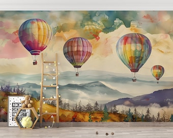 Colorful Hot Air Balloons Mural, Peel and Stick Watercolor Landscape, Nursery Multicolor Wall Decal, Mountains and Forest Kids Room PVC Free