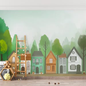 Papel pintado de acogedoras casas de pueblo: un encantador mural inspirado en la naturaleza para la decoración del hogar.