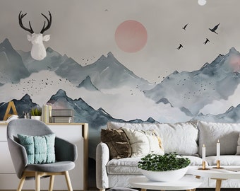 Abstract Mountains Sunset Mural, Watercolor Japanese Landscape Wallpaper, Peel and Stick Removable Green Foggy Mountain Wall Decal