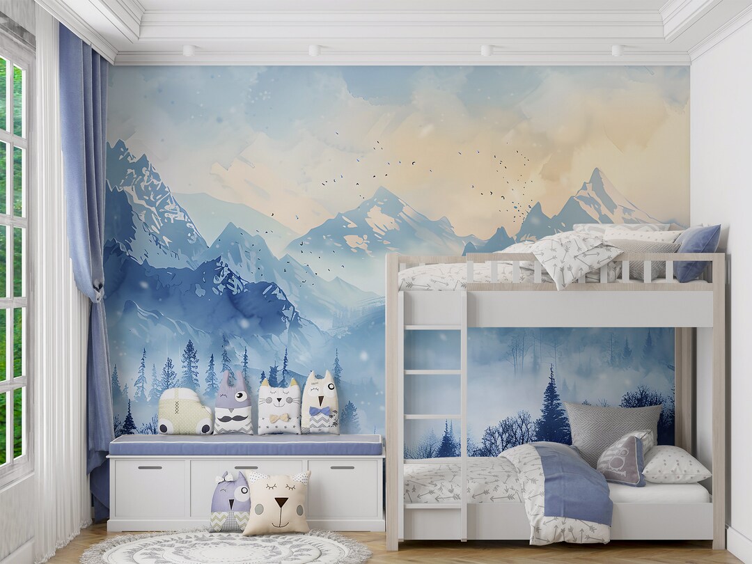 Winter Mountains Mural, Watercolor Blue Mountain and Forest Landscape ...