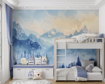 Papier peint montagnes hivernales, aquarelle bleu montagne et paysage forestier, papier peint nature brumeuse peel and stick, sticker brumeux amovible pour chambre de bébé