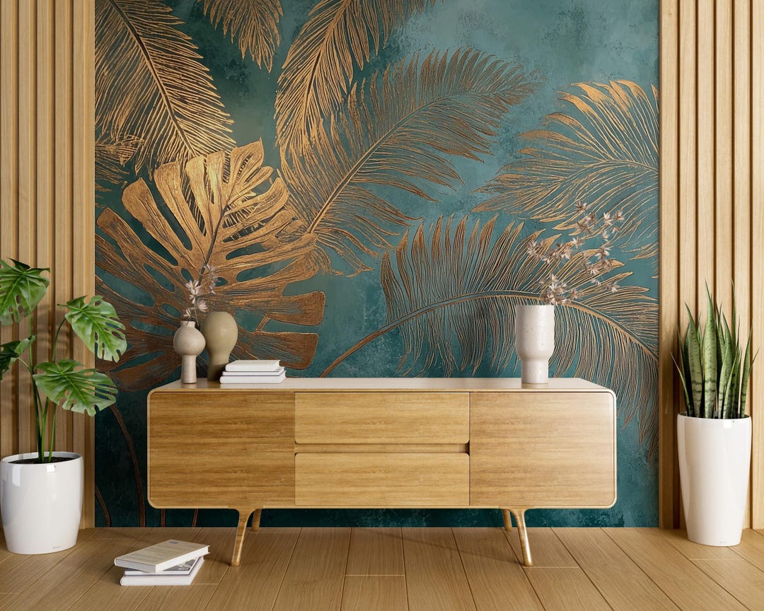 Teal and Gold Palm Leaf Wall Mural: Tropical Botanical Wallpaper - Etsy