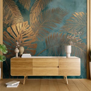 Teal and Gold Palm Leaf Wall Mural: Tropical Botanical Wallpaper