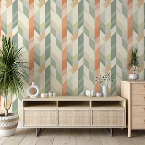 Abstract Geometrical Wallpaper in Pastel Colors, Peel and Stick Soft Green and Beige Modern Wallpaper, Removable Abstract Striped Wall Decor