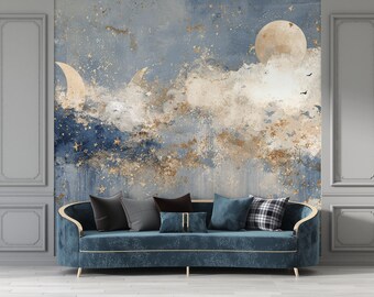 Celestial Wall Mural: Moon Phases, Stars, Clouds in Navy and Gold
