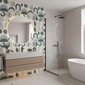 Scandinavian Geometric Wallpaper: Soft Blue and Taupe Arches image 7