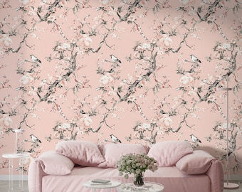 Soft Pink Chinoiserie Wallpaper, Peel and Stick Pink Floral Wallpaper, Blossom Branches Wall Decor, Removable Pink Botanical Wallpaper