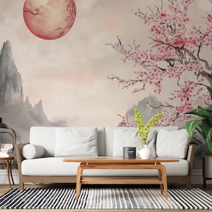 Papier peint paysage oriental élégant, motifs fleurs de cerisier et montagnes