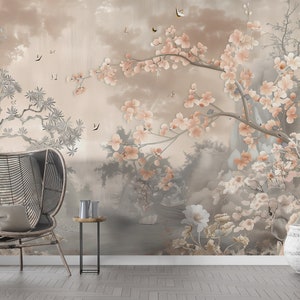 Decorazione murale con rosa polverosa cineserie, murale della foresta giapponese rosa tenue, carta da parati con albero Sakura a buccia e bastone, decorazione murale con fiori di ciliegio