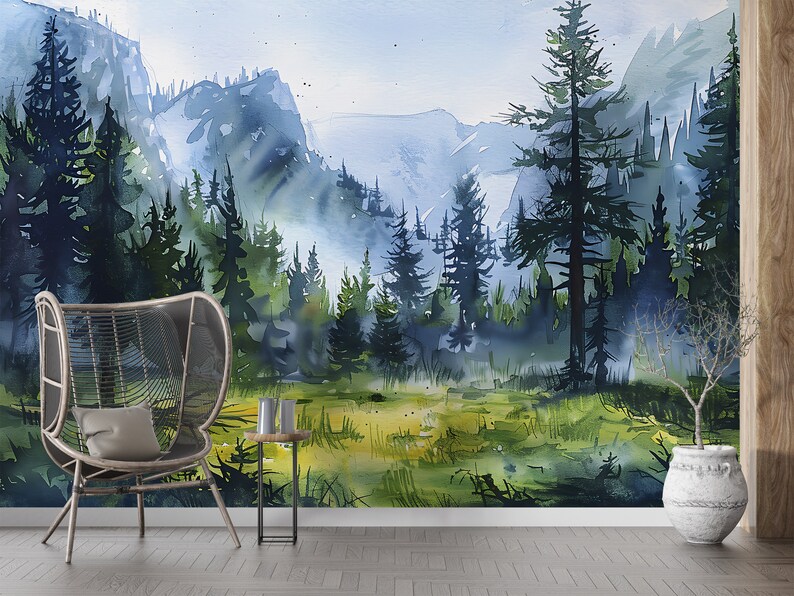 Watercolor Nature Wall Mural, Peel and Stick Mountain Landscape Art ...