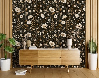 Dark Meadow Floral Wallpaper: Beige & Brown Vintage Flower Decal