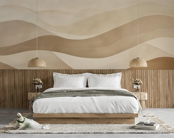 Beige Boho Wavy Wall Mural: Peel and Stick Geometric Wallpaper