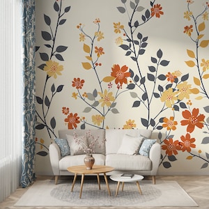 Murale floreale beige, carta da parati con fiori rossi e gialli, decalcomania da muro botanica autoadesiva, murale rimovibile con fiori di prato in colori pastello