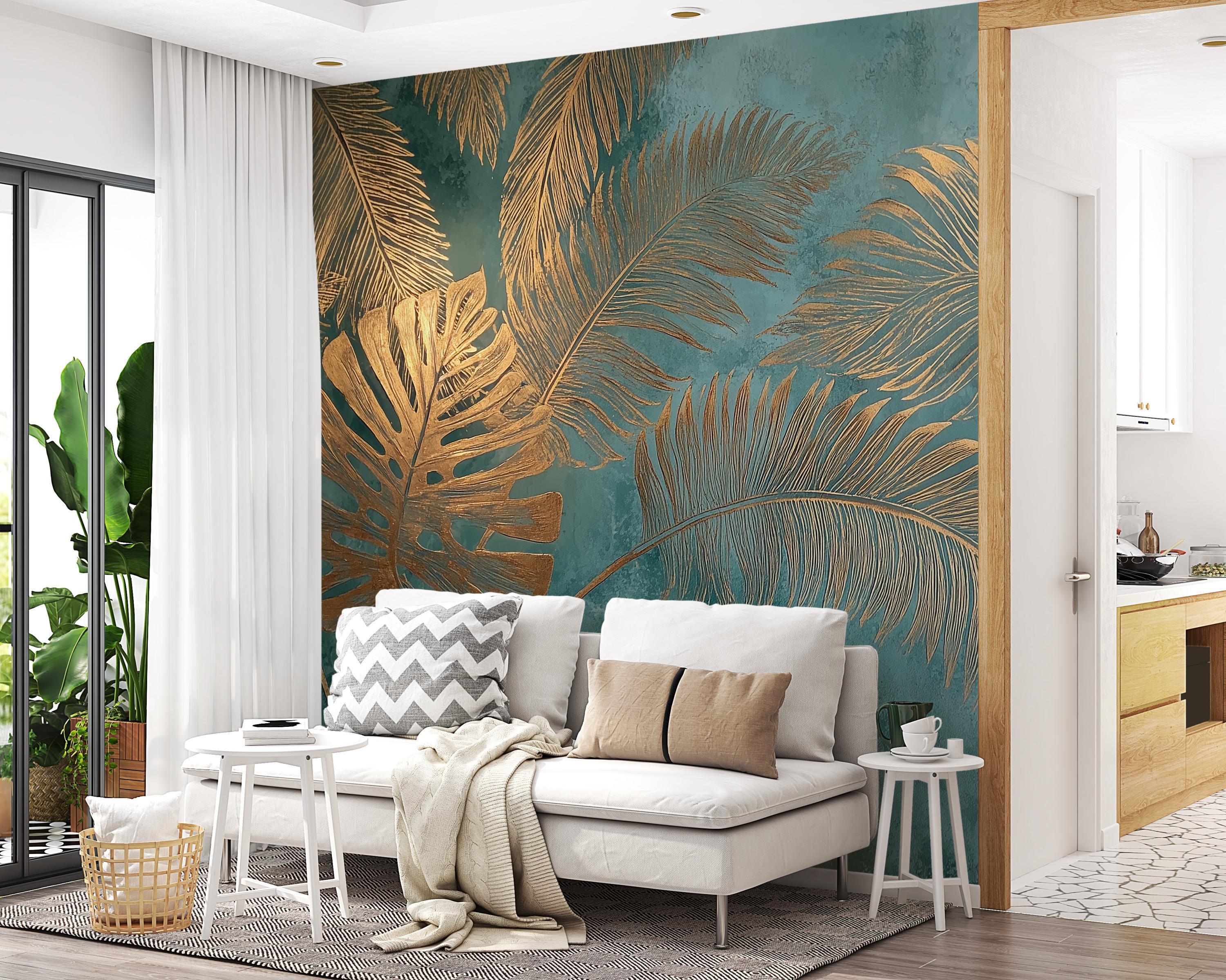 Teal and Gold Palm Leaf Wall Mural: Tropical Botanical Wallpaper - Etsy