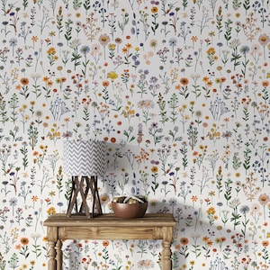 Carta da parati colorata con fiori di prato, decorazione murale floreale leggera autoadesiva, carta da parati rimovibile con motivi floreali piccoli, botanico minimalista