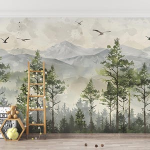 Tapete Wandbild Aquarell Wald: Kinderzimmer-Akzent schälen und aufkleben