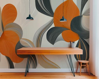Abstract Floral Wallpaper: Earthy Orange & Gray Peel and Stick