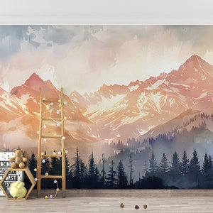 Watercolor Mountain Sunset Wallpaper: Peel and Stick Forest Mural