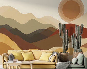 Papier peint coucher de soleil sur les montagnes style bohème, paysage de montagne aquarelle beige et marron, sticker mural abstrait dunes de sable avec pellicule de protection