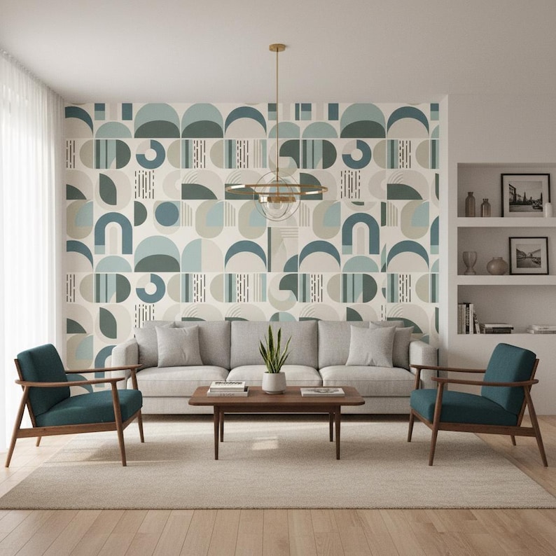 Scandinavian Geometric Wallpaper: Soft Blue and Taupe Arches image 1