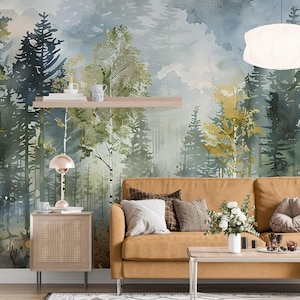 Papel pintado de bosque de abedules con acuarela: Mural de bosque autoadhesivo