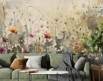 Watercolor Flower Field Mural: Beige Botanical Peel and Stick Wallpaper