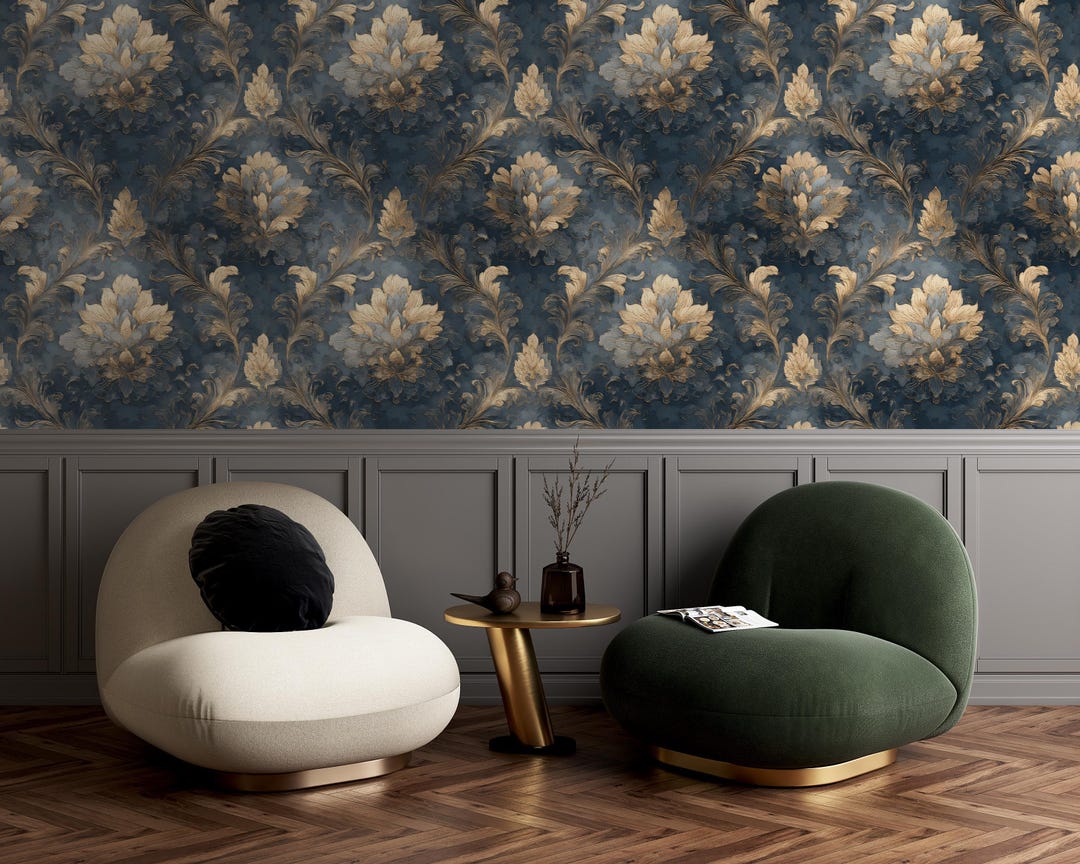 Luxury Blue Gold Damask Wallpaper • Elegant Vintage Floral Wall Pattern ...