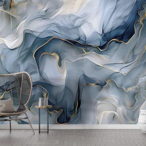 Blue Alcohol Ink Mural: Abstract Marble Peel and Stick Wallpaper