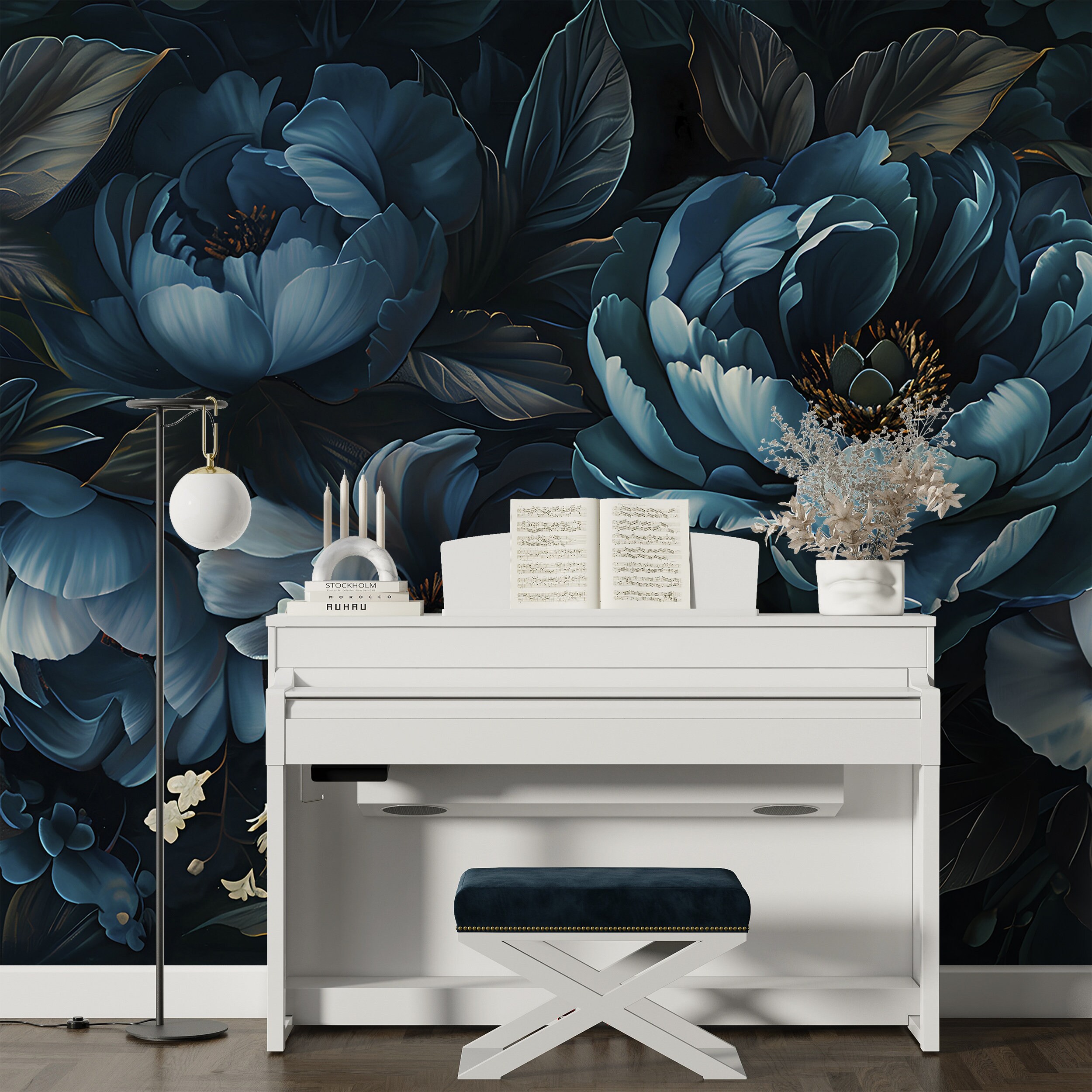 Dark Blue Peonies Mural, Peel and Stick Large Flowers Wallpaper ...