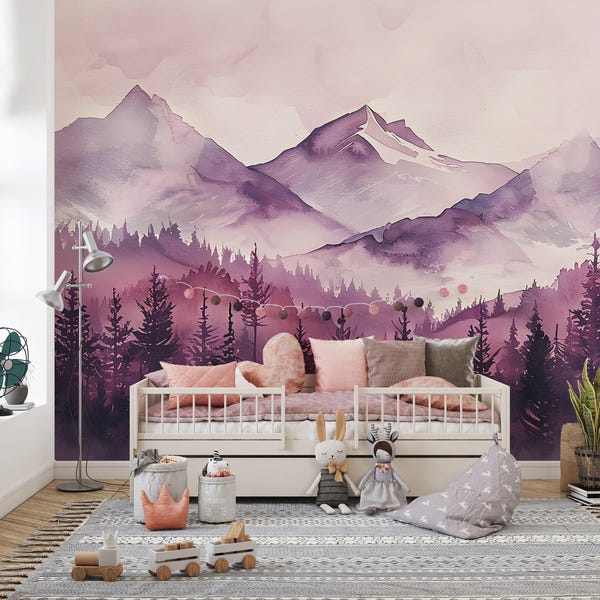 Mural de montañas con acuarela rosa suave: papel pintado autoadhesivo