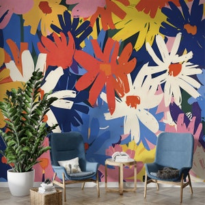 Carta da parati margherite colorate, arte floreale astratta peel and stick, decorazione murale con fiori di prato rimovibili, decorazione da parete botanica colorata per vivaio