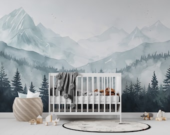 Mountain and Forest Landscape Mural, Watercolor Mountains Wallpaper, Peel and Stick Pine Forest Wall Decal, Nursery Blue Mountain Mural