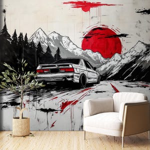 Vintage JDM mountain landscape wallpaper with red sun and car
