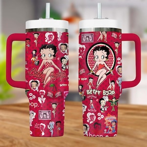 Betty Boop Tumbler 40oz, Tumbler con manico a forma di cartone animato, Tumbler afroamericano Betty Boop, regalo di San Valentino, regalo per la fidanzata