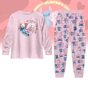 Stitch And Angel pyjama met lange mouwen, Disney cartoon Valentijns T-shirt, Stitch roze strik nachtkleding, Disney Stitch Couple familiepyjama