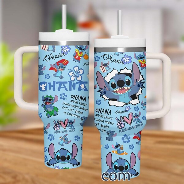 Stitch 40oz Tumbler With Handle, Stitch And Ohana Summer Tumbler, Lilo And Stitch Couple Gift, Disney Cartoon Stainless Steel Tumbler