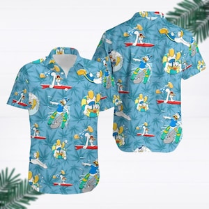 Maglietta con bottoni da surf di Paperino, maglietta con bottoni estivi di Paperino, maglietta per le vacanze estive, maglietta per le vacanze in famiglia tropicale dei cartoni animati Disney 2025 Shi