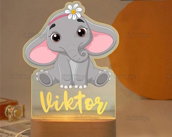 Personalized Name Baby Elephant Led 3D Night Light, Custom Name Animal Lamp For Baby, Pink Baby Elephant Cloud Night Lamp