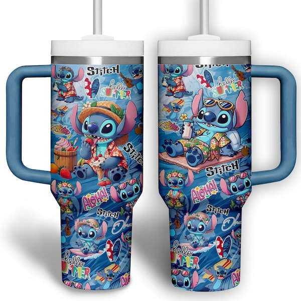 Stitch Summer Stainless Tumbler, Disney Cartoon 40 Oz Tumbler, Stitch Aloha Drinkware Tumbler, Tropical Tumbler Cup, Stitch Lover Gift